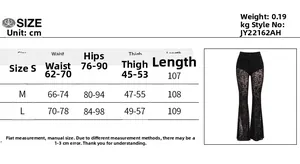 Detailed size chart for high waist lace flare trousers with length and waist measurements