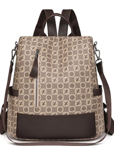 Women's chic monogram backpack with vintage print and adjustable straps in brown and beige