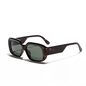 Retro tortoise shell square frame sunglasses with dark green lenses and metal rivets