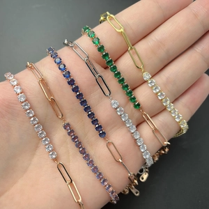 Handheld display of paperclip chain tennis bracelets with round cubic zirconia stones