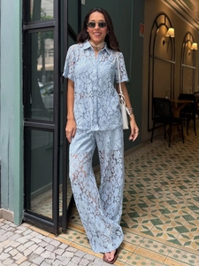 Floral Lace Cotton Nylon Short Sleeve Shirt Camisole And Wide Leg Pants Hollow Out Elegant Vacation Light Blue Women