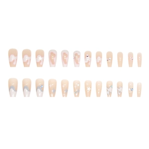 Medium square oval press-on nails with pink base, star patches, and colorful rhinestones