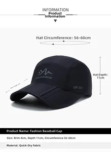 Detail view of quick-dry baseball cap with 8cm brim and UPF 50 plus sun protection