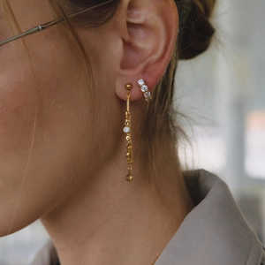 Elegant gold chain tassel earring set with sparkling cubic zirconia on female model