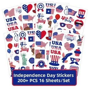 Set of 16 USA Independence Day face tattoo stickers with over 200 red white blue patterns