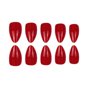 Glossy solid red short almond-shaped press-on nails set with 10 pieces on white background