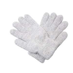 Detailed knit texture of light grey wool blend gloves arranged in a heart shape