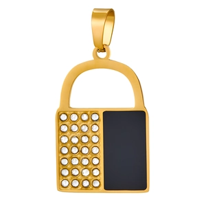 Detail view of a gold-plated padlock pendant with crystal inlay and black enamel finish