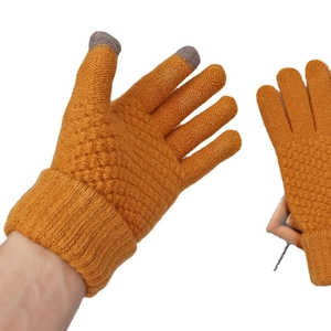 Winter knitted orange touchscreen gloves with warm fleece lining and textured pattern