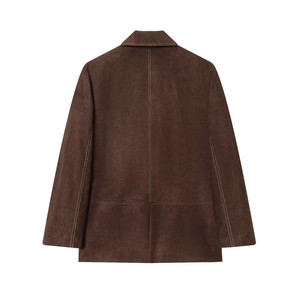Dunkelbraune Blazerjacke aus Wildlederimitat für Damen, professionelle Rückansicht Details