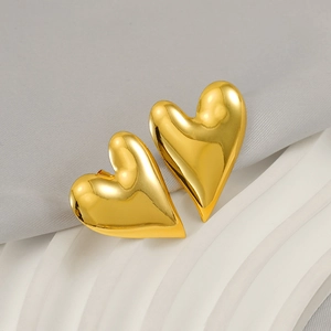 Polished 18K gold plated stainless steel heart stud earrings for women in minimalist style