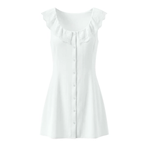 White mini dress with lace ruffle square neckline and button front detail on white background