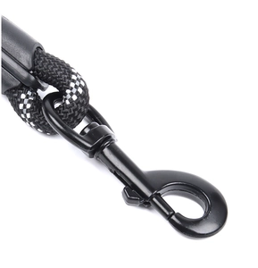 Detail of durable metal swivel hook and reflective braided rope for dog leash