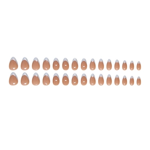 French tip press-on nails in nude pink with white almond shape edges, 24 piece set