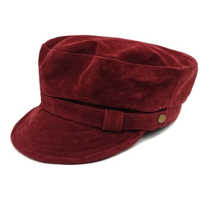 Vintage burgundy newsboy cap in soft suede with decorative band and metal button