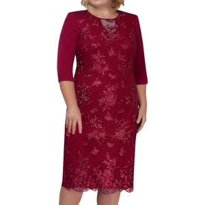 Close-up of wine red lace embroidery detail on elegant A-line dress with 3/4 sleeves