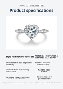 Macro detail of S925 silver heart-cut moissanite ring with specific stone parameters