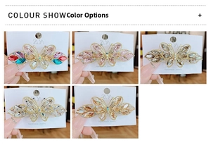 Detailed close-up of large crystal butterfly hair clips in five colors with spring clips
