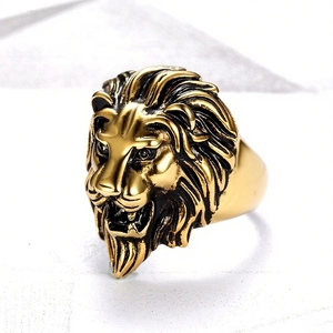 Men's hip hop lion head ring in two-tone gold finish with detailed 3D carving