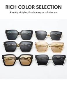 Flat lay of stylish oversized square sunglasses in six diverse colors with gold chain links