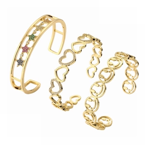 Copper Open Bangle Bracelet Gold Plated With Zircon Heart Star Smiley Face Adjustable Fashion Jewelry For Women