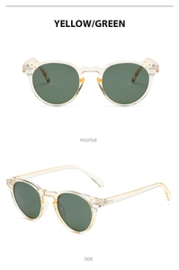 Macro view of retro round sunglasses with transparent yellow frames and green lenses