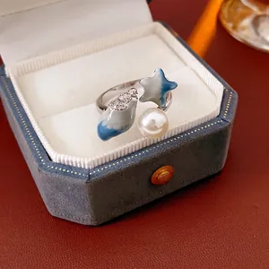 Star and seashell open ring with white pearl in a premium velvet jewelry box