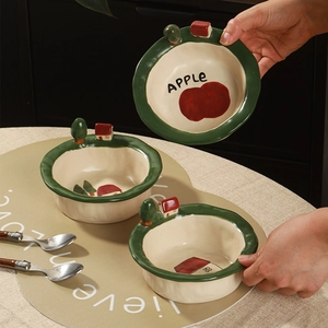 Cute ceramic bowl set featuring hand-painted apple pattern and 3D house decorations