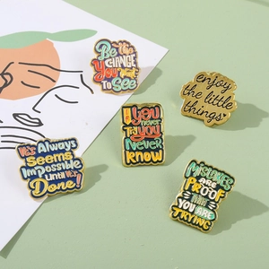 Set of 5 colorful enamel inspirational quote badges with gold plating for clothing