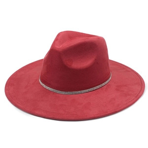 Classic red wide brim fedora hat with elegant silver rhinestone trim on the band