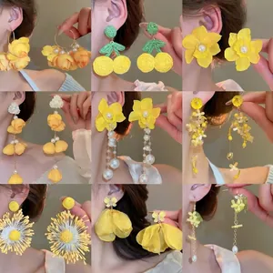 Floral Tassel Earrings With Fabric Flower Petals Imitation Artificial Pearl Alloy Drop 925 Sterling Silver Earring Post For Women