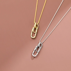 925 Sterling Silver Interlocking Double Ring Pendant Necklace Forever Engraved Geometric Oval Rhinestone Clavicle Chain