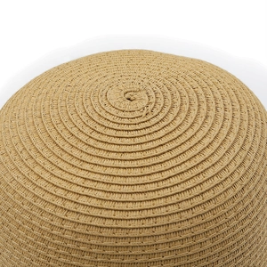 Close-up of a women straw sun hat with spiral woven texture and natural khaki finish