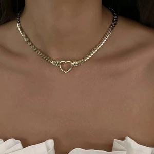 Stainless Steel Heart Pendant Necklace Bracelet Flat Cuban Snake Chain Minimalist Luxury Fashion Jewelry For Women