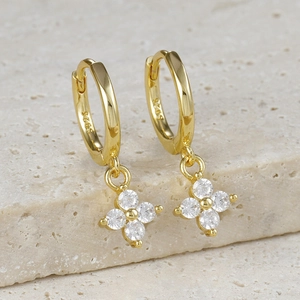Elegant gold-plated S925 sterling silver four-leaf flower huggie earrings with zircons