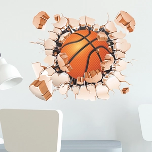 Detailed 3D wall sticker showing an orange basketball breaking through a cracked grey wall