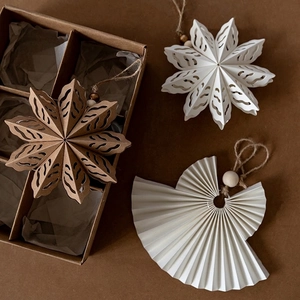 Nordic paper Christmas ornaments set with snowflake star and angel shapes in a gift box