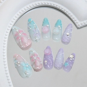 3D Ocean theme press-on nails with shell flower and pearl accents in macaron gradients