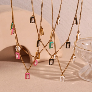 Gold plated stainless steel necklace with colorful rectangular enamel zircon pendants