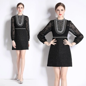 Robe Élégante En Tweed Noir Avec Manches Longues En Dentelle Et Strass Robe De Soirée Courte Pour Femmes