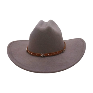 Close-up of felt fedora hat featuring a brown leather band with silver star studs