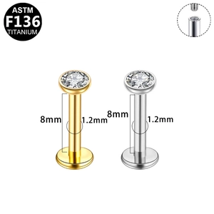 G23 titanium labret stud with internal thread, clear zircon heart, 8mm bar length