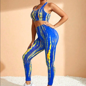 Women Seamless Knit Sportswear Nylon Tie Dye Striped Yoga Top And Bottom Quick Dry Fitness Running Workout Tracksuit