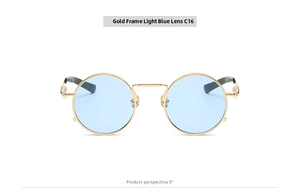 Detail view of gold metal round steampunk sunglasses with light blue lenses and C16 code