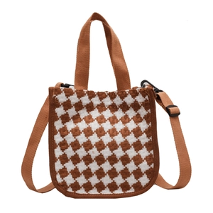 Japanese style brown checkerboard canvas crossbody bag with top handles and adjustable strap
