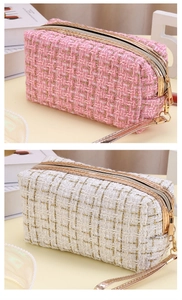 Details zur Tweed-Kosmetiktasche in Rosa und Beige mit Goldfaden und Reißverschluss