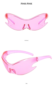Front and side views of pink Y2K futuristic wrap-around cycling sunglasses