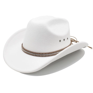 White wool felt western cowboy hat with studded leather band and wide brim for sun protection