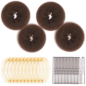 Hair styling set with 4 brown bun donuts, 10 beige hairnets and 20 black U-shaped pins