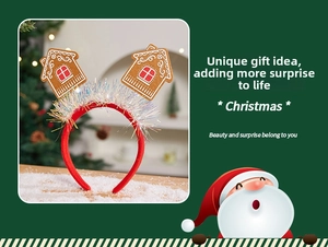 Close-up of Christmas headband with gingerbread house charms and colorful laser tassels